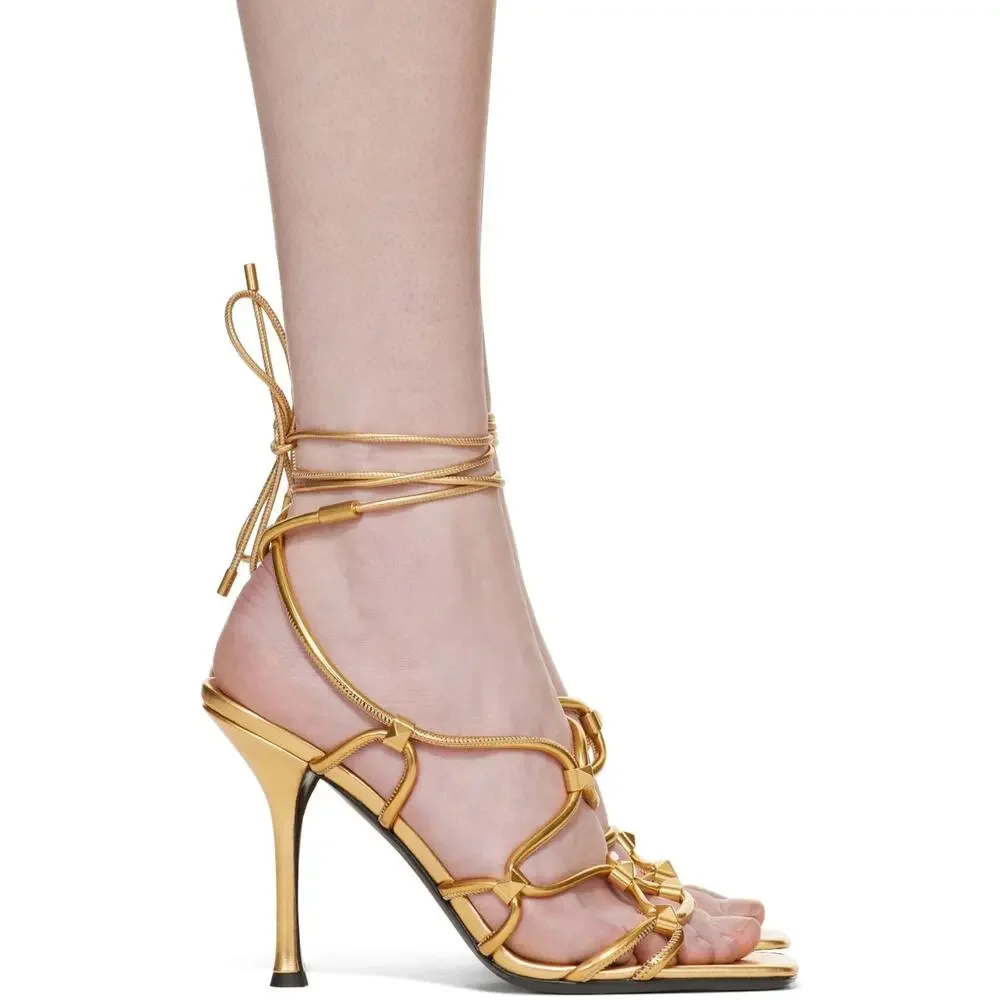 NIB Valentino Garavani Rockstud Net lace-up Heel Leather Sandals 40